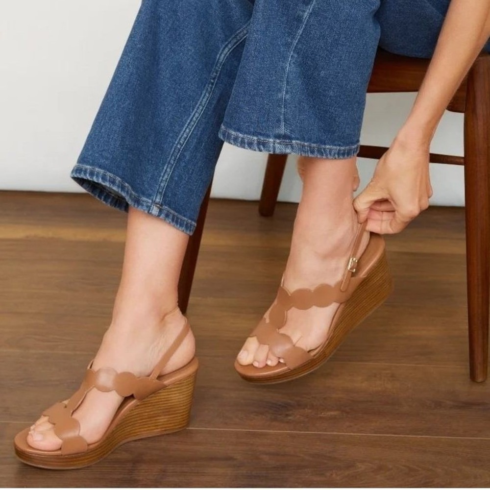 Wyse London‎ Harri Wedge Sandal Scalloped Leather Slingback Tan Size 39